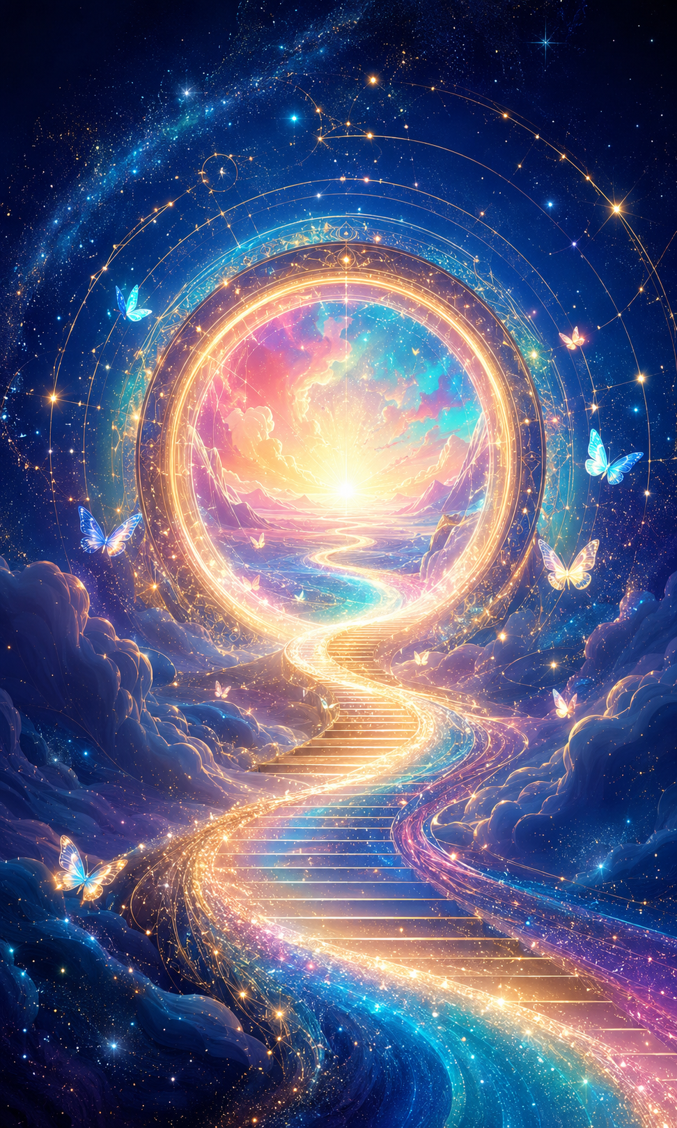 A luminous celestial pathway leading into a colourful portal