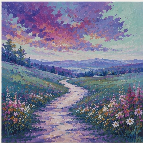 A winding dirt path through a peaceful mountain landscape at golden hour