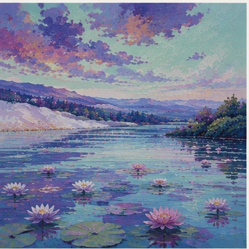 Gentle ripples moving across a calm twilight lake