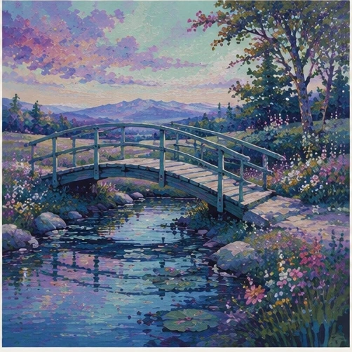 Two people approaching a stone bridge from opposite sides of a valley