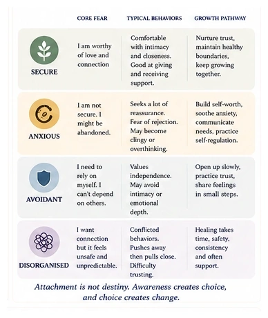 Secure, anxious, avoidant and disorganised attachment patterns