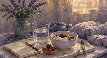 Painterly scene representing nourishment, water and everyday care