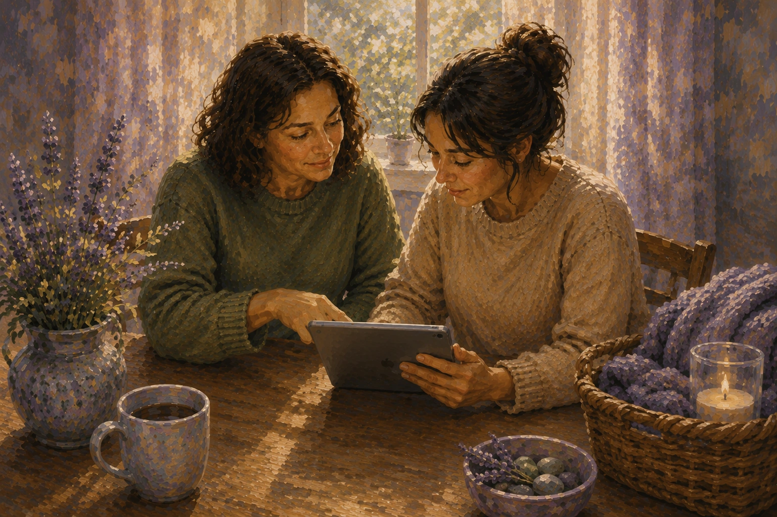 Painterly scene of two people looking at a tablet together and working through practical support