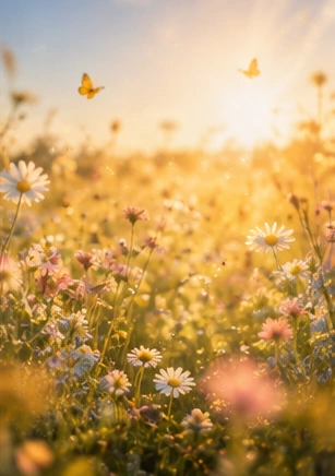 Wildflowers in golden sunlight