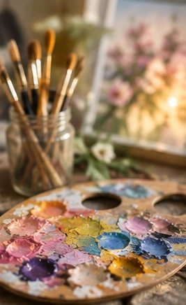 Colourful paints and brushes