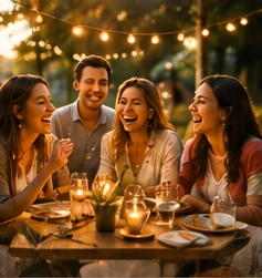 Friends laughing together under lights
