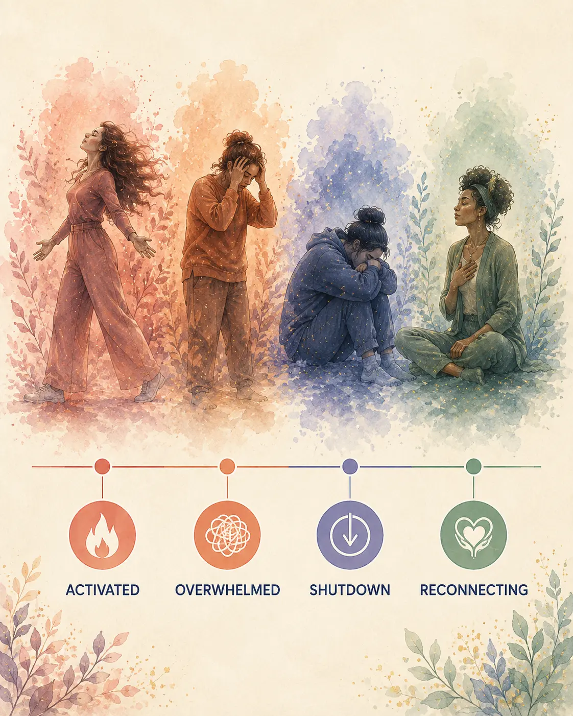Visual pathway from activation through overwhelm and shutdown toward reconnection