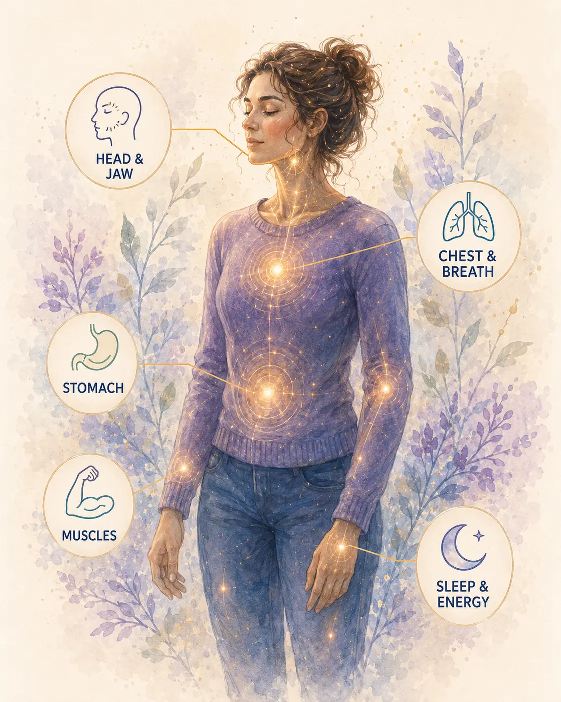 Illustrated body map showing areas where stress signals may be noticed