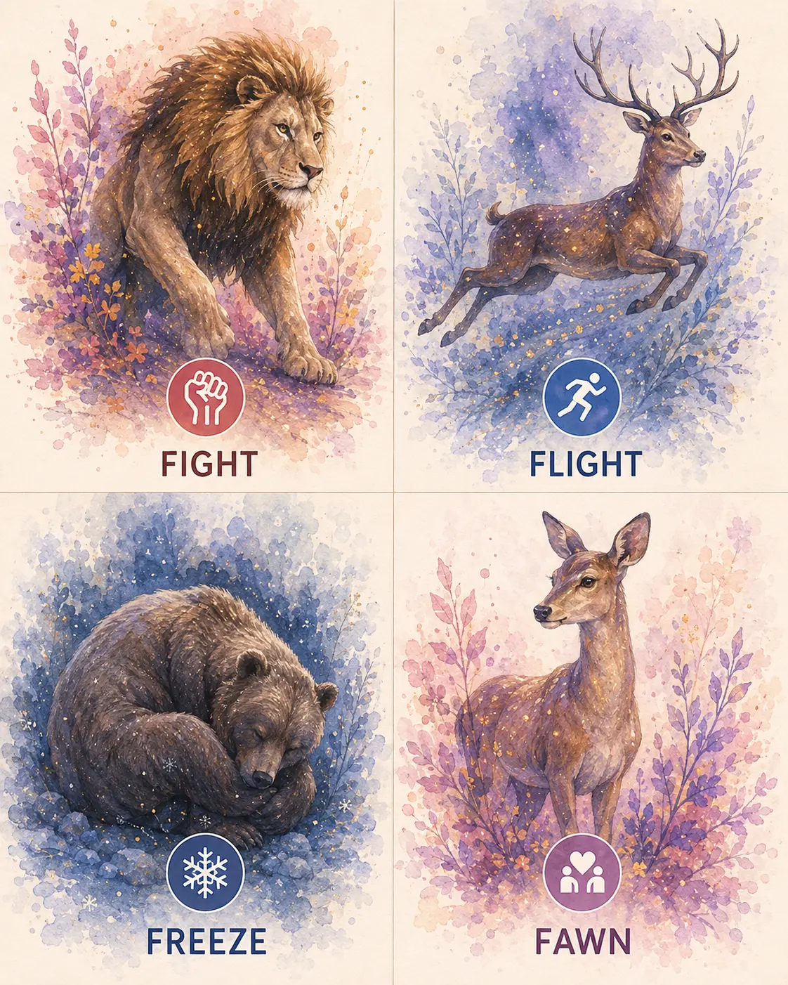 Four protective responses: fight, flight, freeze and fawn