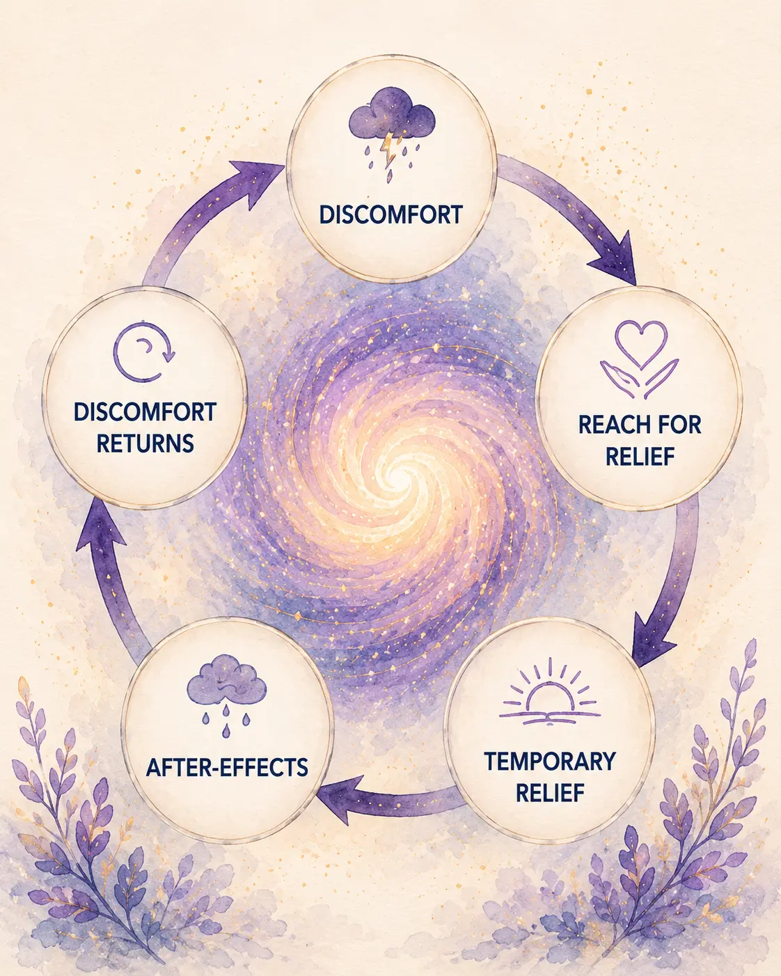 The relief loop showing discomfort, reaching for relief, temporary relief, after-effects and discomfort returning