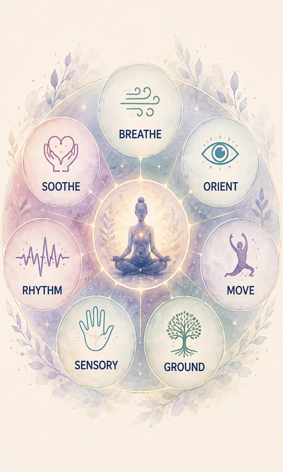 Ways back to the body including breathing, orienting, movement, grounding, sensory support, rhythm and soothing