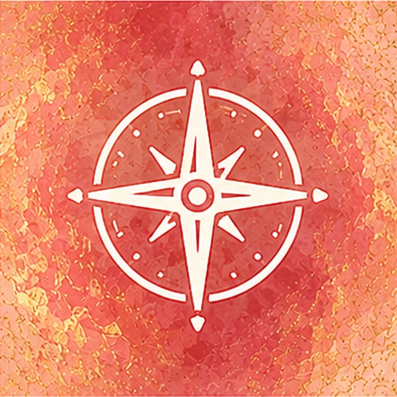 White compass symbol on painterly coral artwork